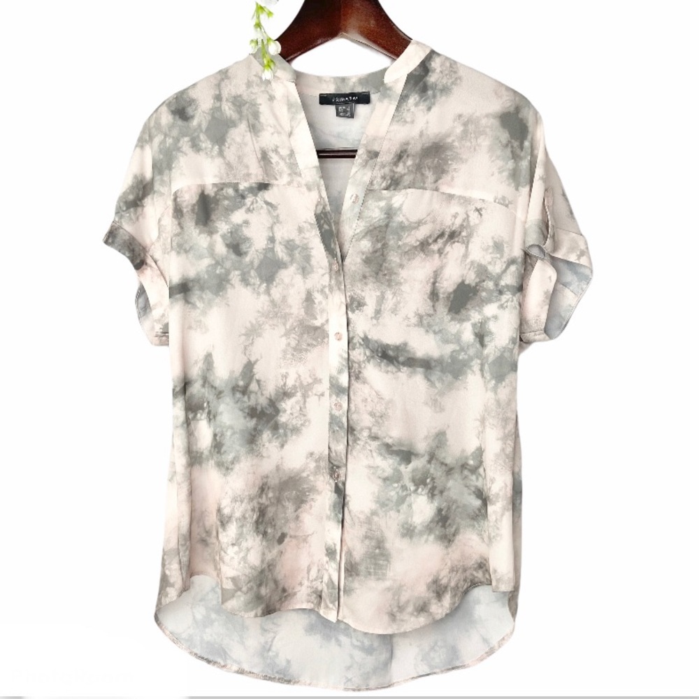 Primark•pink & gray tie dye button down oversized short sleeve top